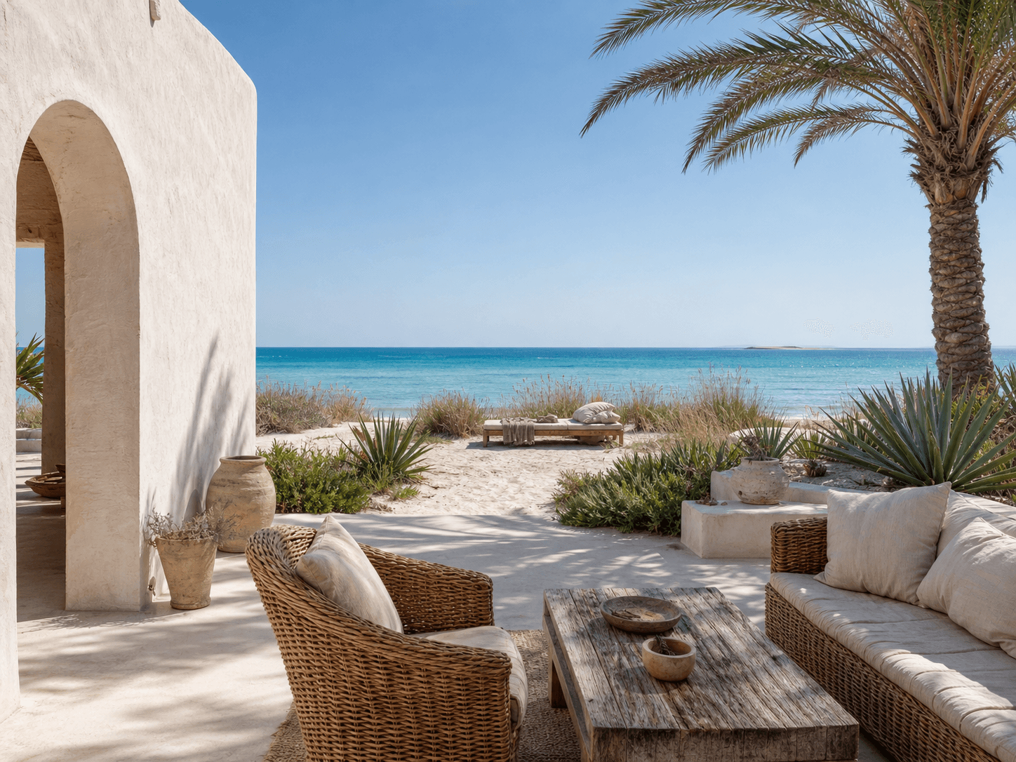 Djerba beach house terrace beside turquoise water