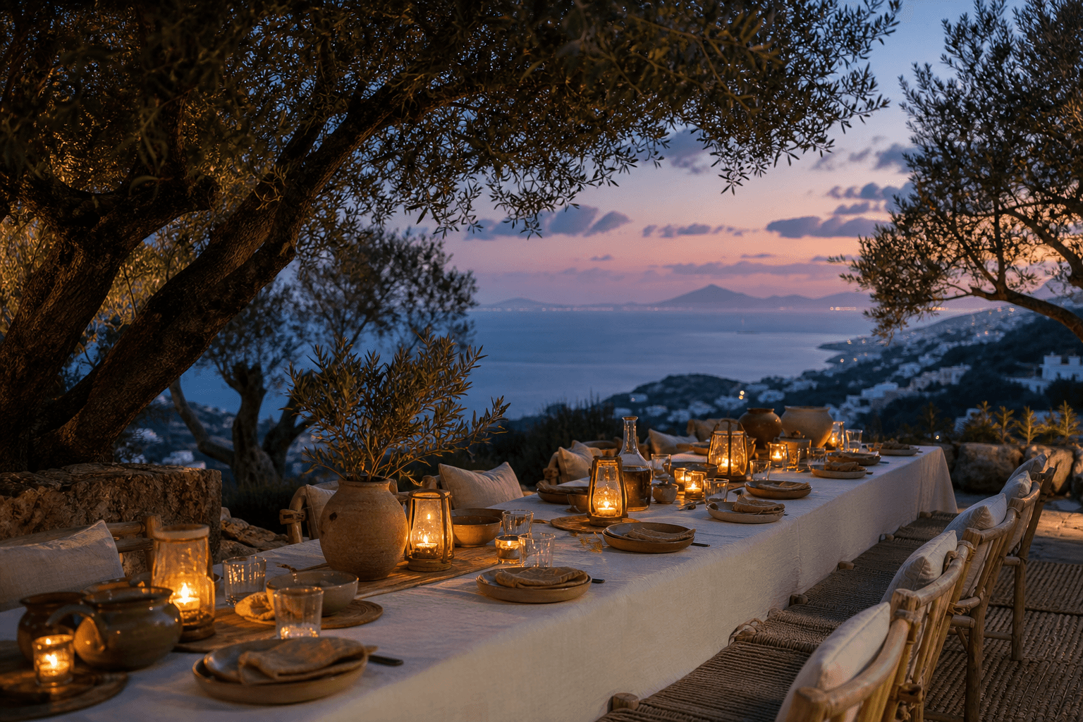 Candlelit dinner table beneath olive trees