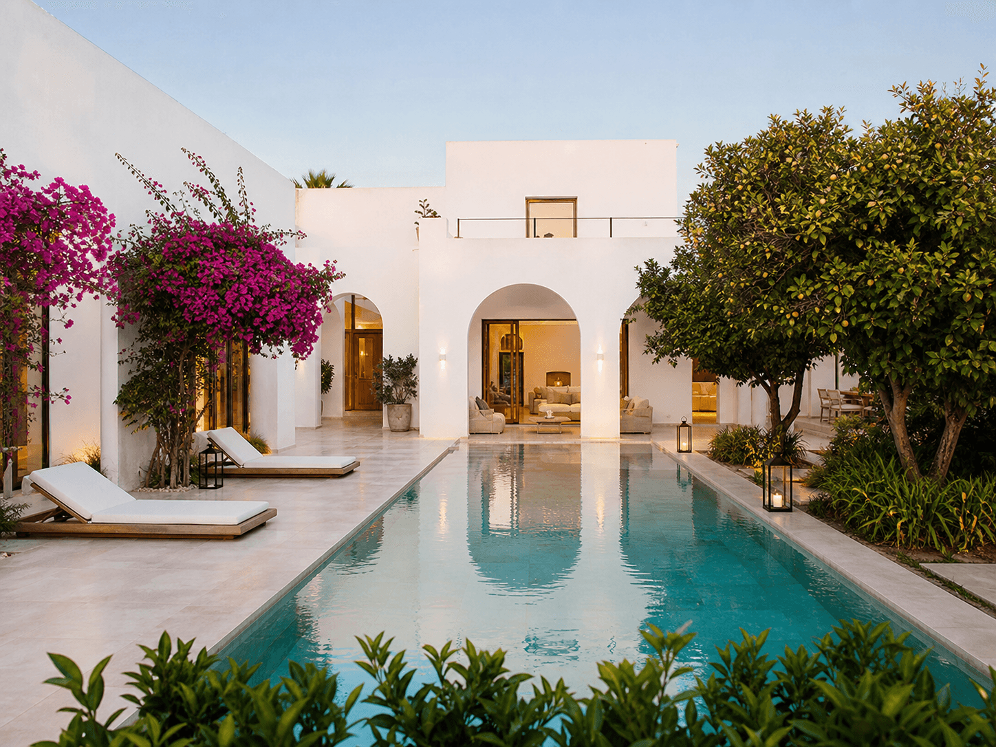 White Hammamet villa around a long courtyard pool